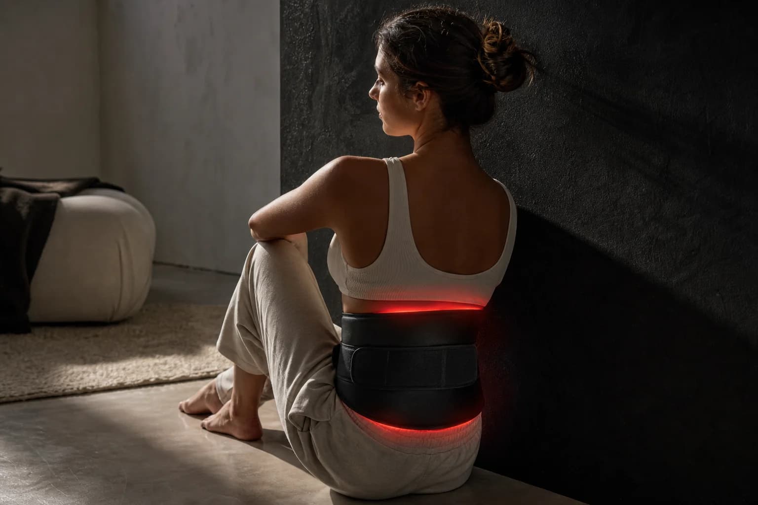 The Skyluxe Recovery Belt worn around the lower back during a seated session at home