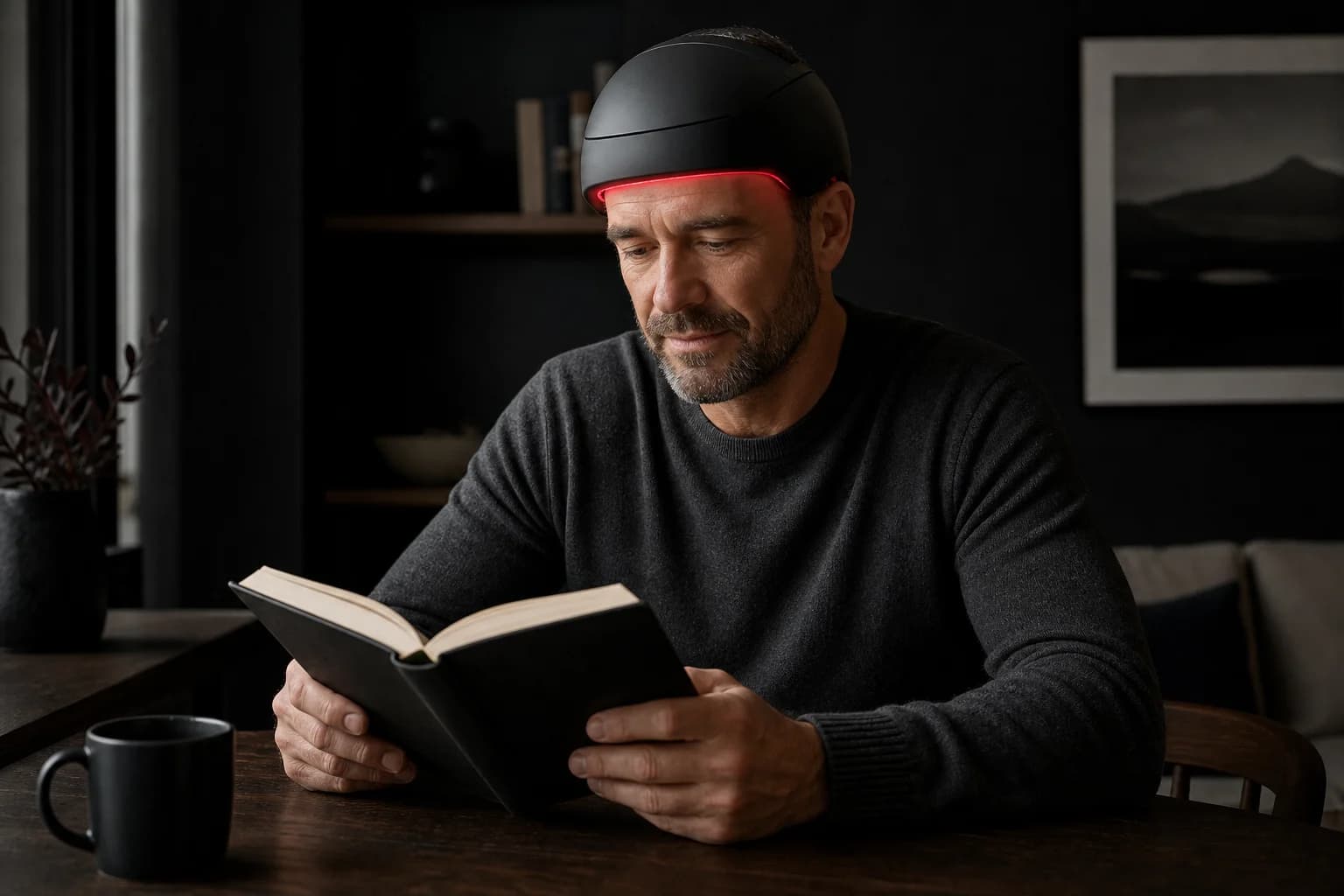 The Skyluxe Density Cap worn while reading at a table during a fifteen-minute session