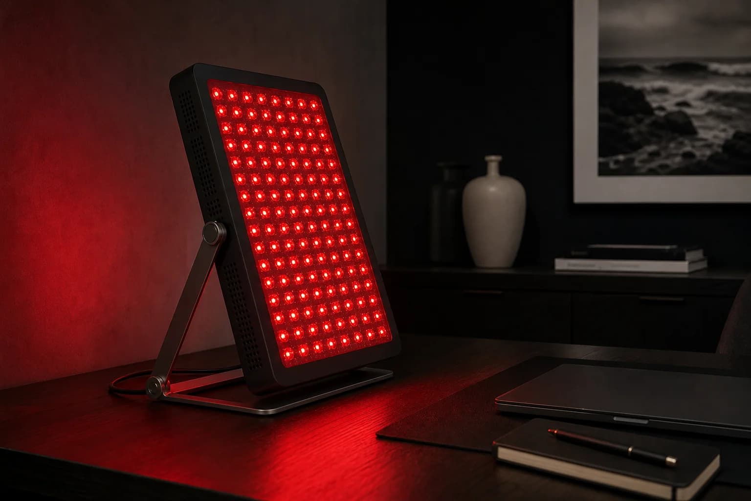The Skyluxe P300 Desk Panel on a folding stand on a dark desk in a home office